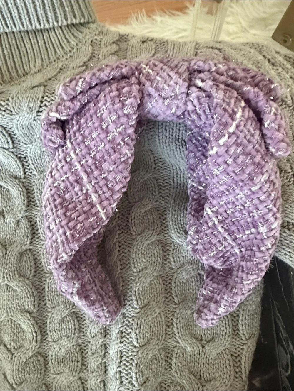 Tahari Gray Cable Knit Sweater with Lavender Tweed Headband and Skirt